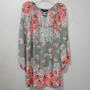 Style & Co Floral Boho Balloon Sleeve Pink Green Blouse Size 1X